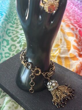 Vintage antiqued gold dome fringe link bracelet